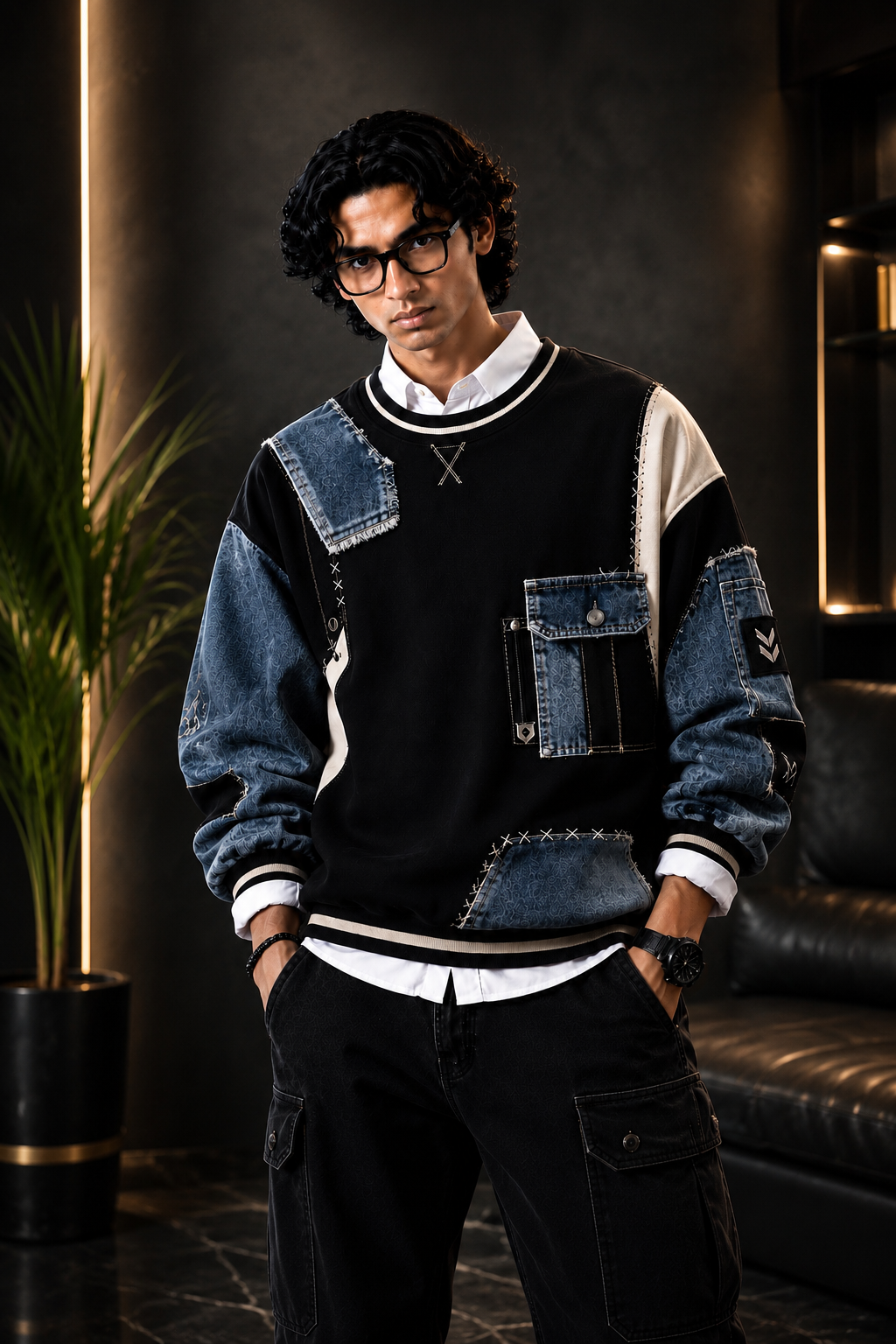 š¤ Black & Denim Blue Patchwork Premium Sweatshirt