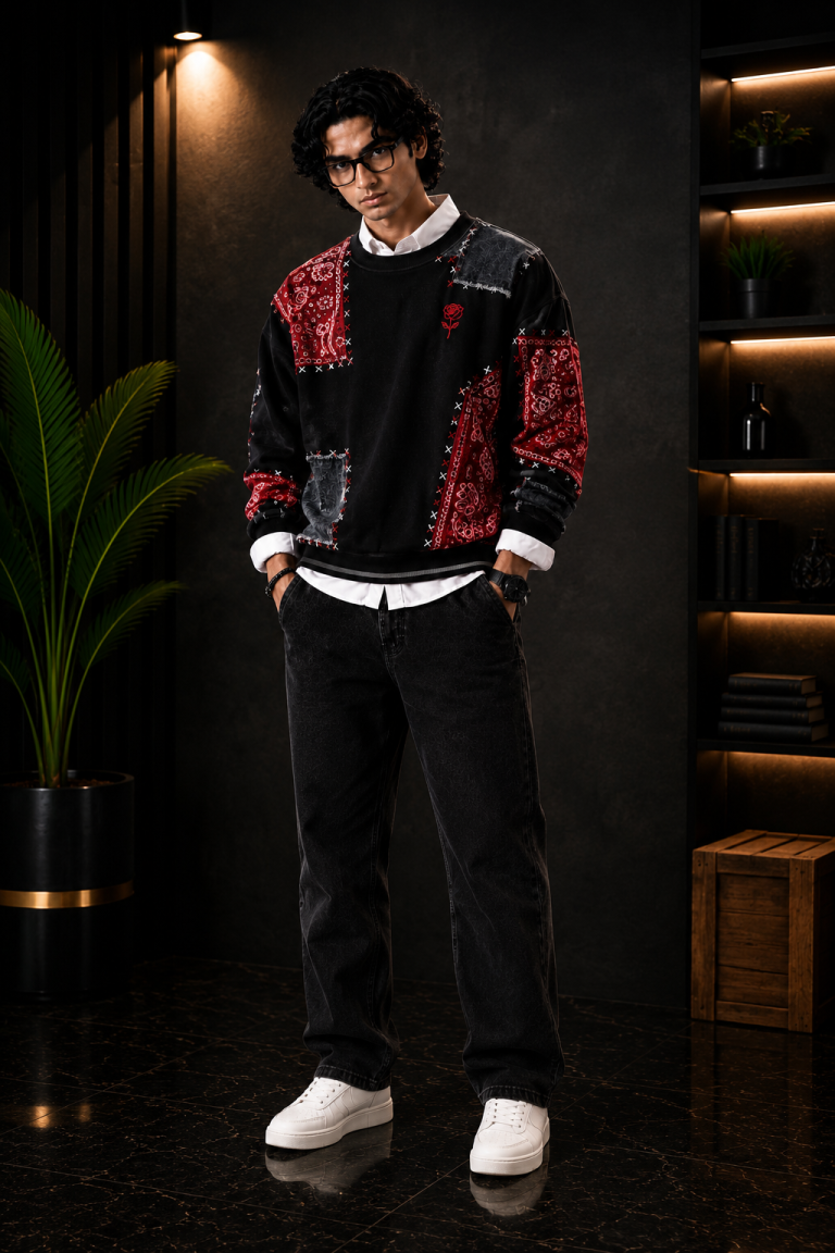 ๐งฅ Premium Black & Red Patchwork Crewneck Sweatshirt