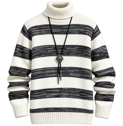Premium White & Black Striped Turtleneck Sweater