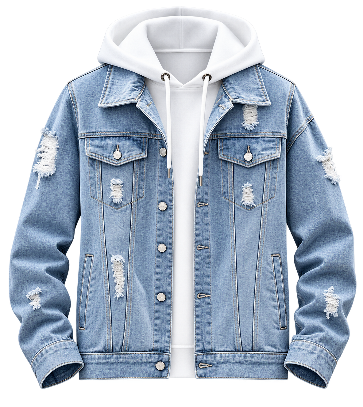 Premium Light Blue Distressed Denim Hooded Jacket