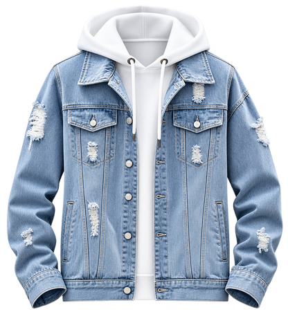 Premium Light Blue Distressed Denim Hooded Jacket