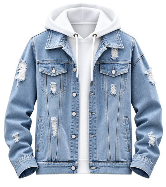 Premium Light Blue Distressed Denim Hooded Jacket