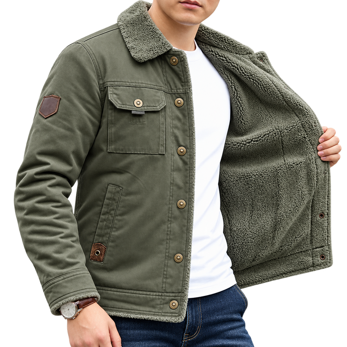 Premium Olive Green Sherpa-Lined Jacket