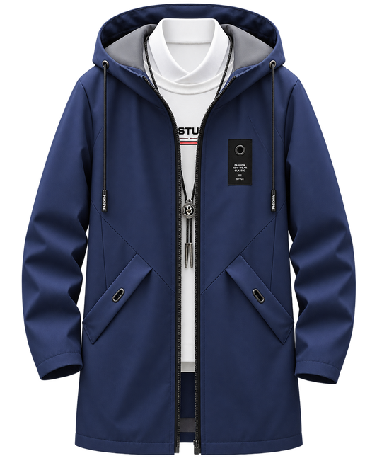 Premium Navy Blue Hooded Long Jacket