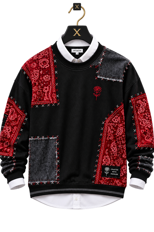🧥 Premium Black & Red Patchwork Crewneck Sweatshirt
