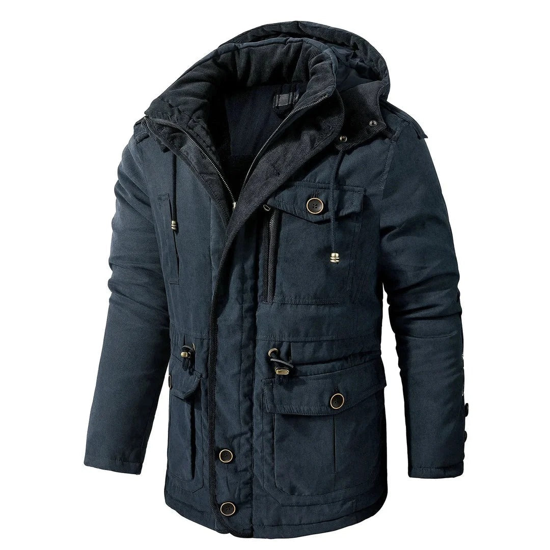 Premium Navy Blue Multi-Pocket Hooded Winter Jacket