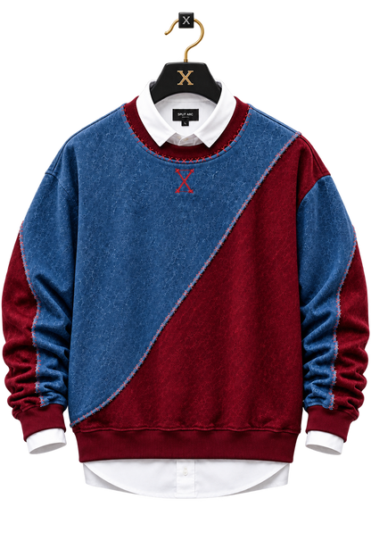 Blue & Burgundy Patchwork Crewneck Sweatshirt
