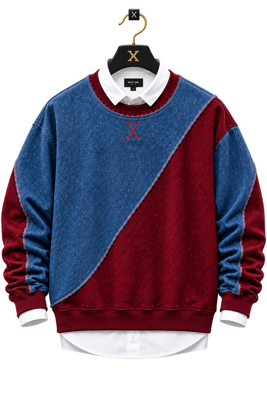 Blue & Burgundy Patchwork Crewneck Sweatshirt