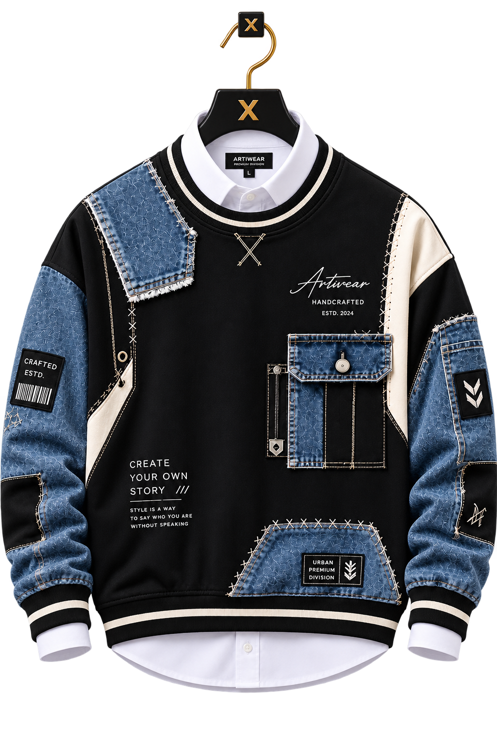 🖤 Black & Denim Blue Patchwork Premium Sweatshirt