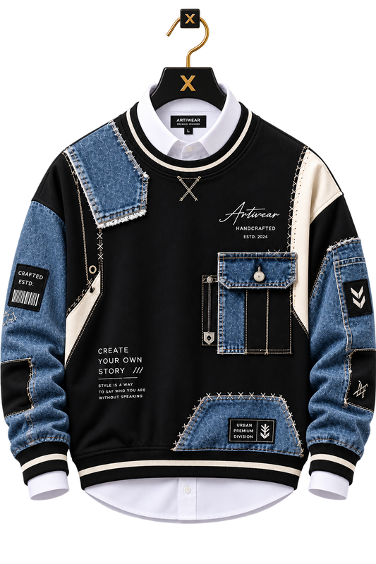 🖤 Black & Denim Blue Patchwork Premium Sweatshirt