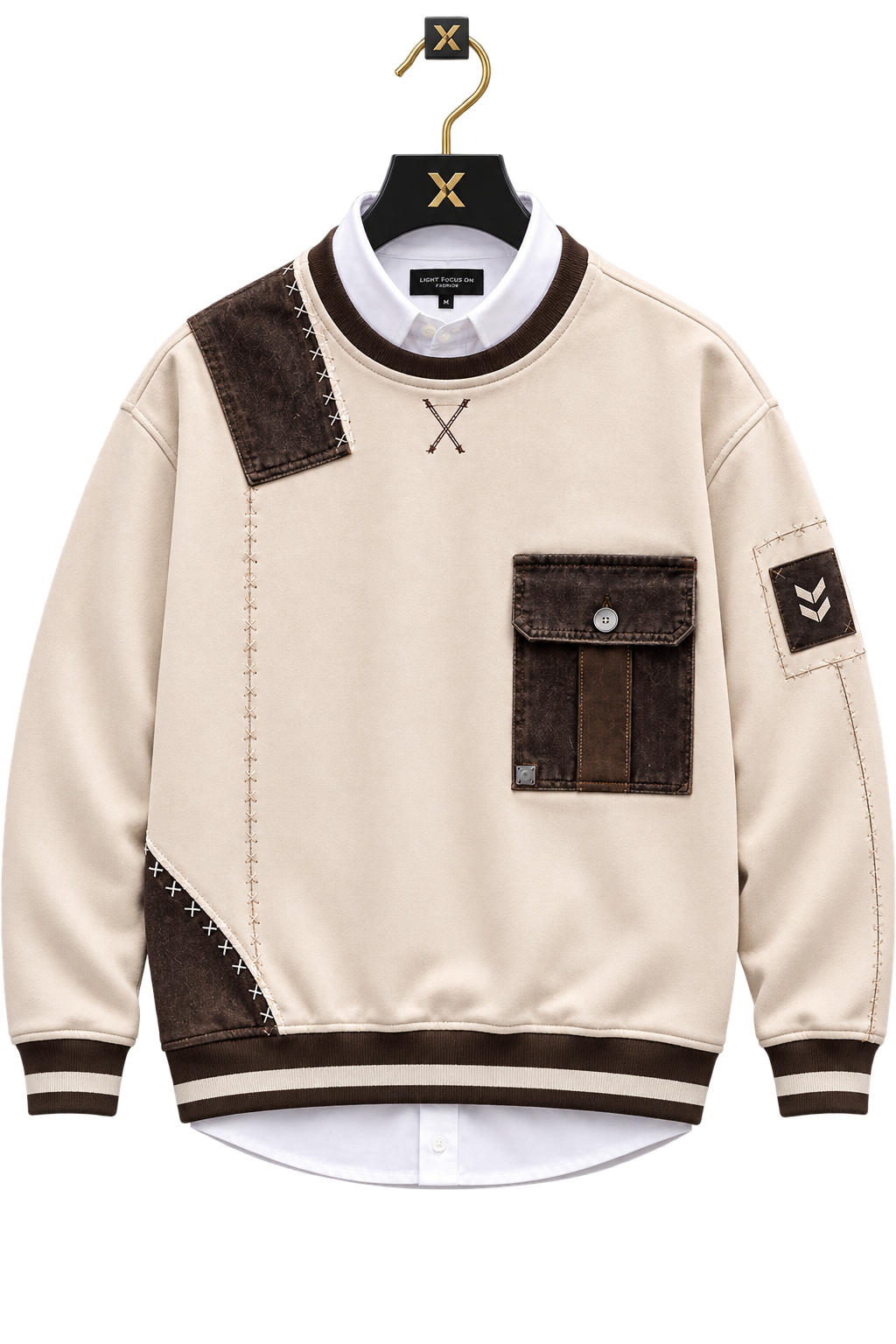 👕 Premium Cream & Brown Patchwork Crewneck Sweatshirt