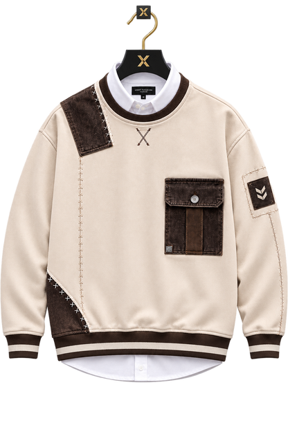 👕 Premium Cream & Brown Patchwork Crewneck Sweatshirt