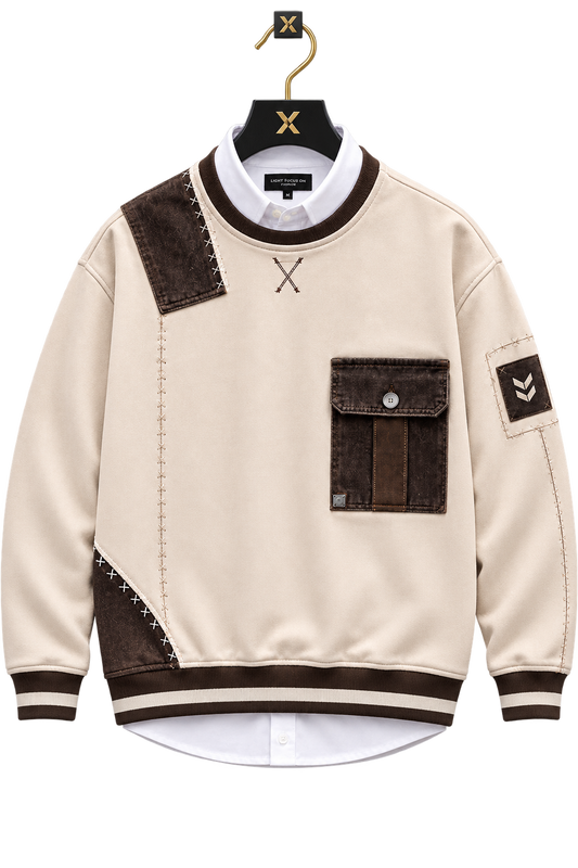 👕 Premium Cream & Brown Patchwork Crewneck Sweatshirt