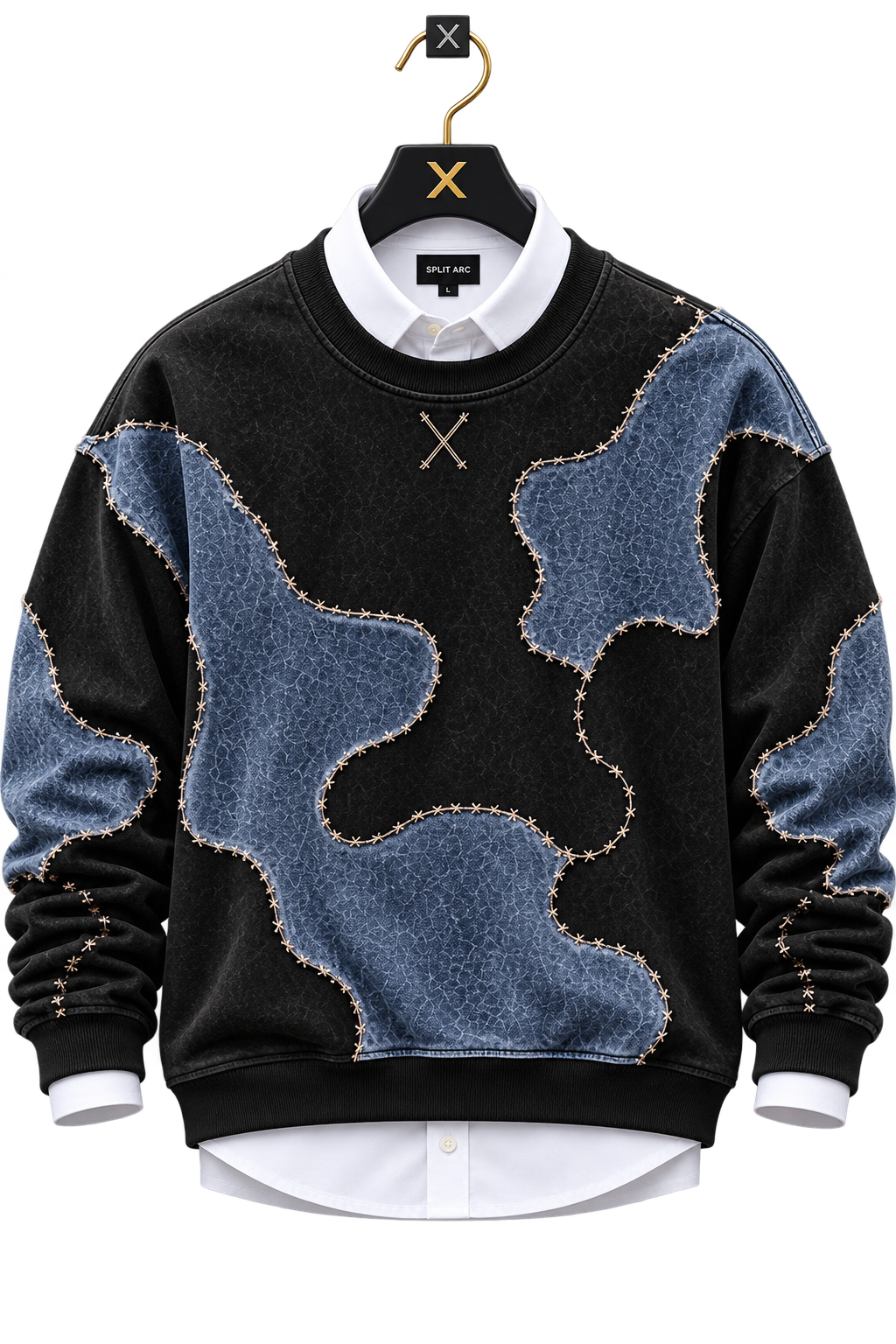 Premium Black & Denim Blue Patchwork Crewneck Sweatshirt