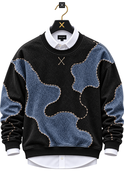 Premium Black & Denim Blue Patchwork Crewneck Sweatshirt