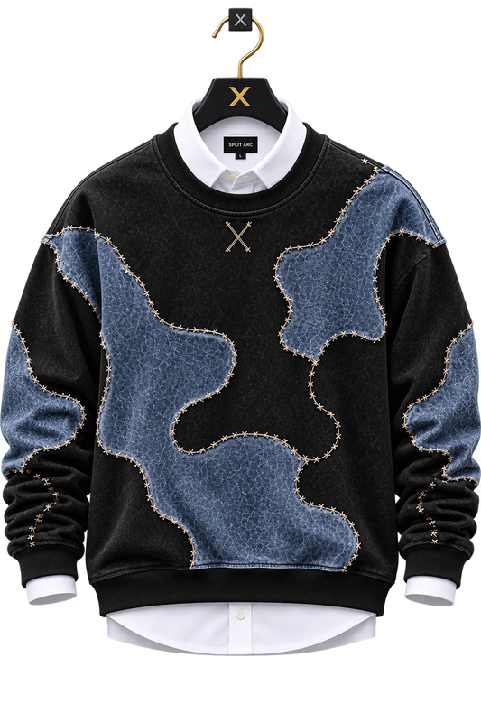 Premium Black & Denim Blue Patchwork Crewneck Sweatshirt