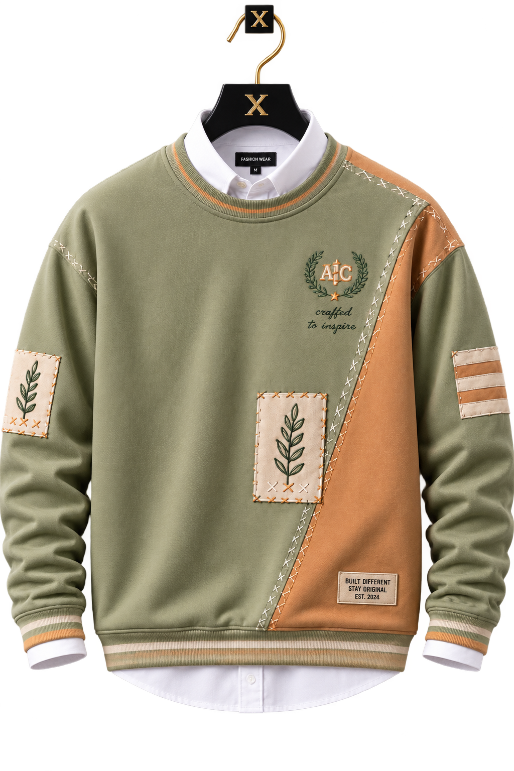 👕 Premium Olive Green & Brown Patchwork Sweatshirt