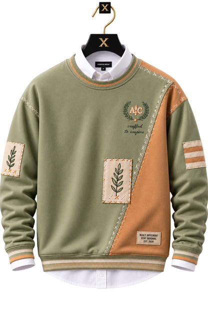 👕 Premium Olive Green & Brown Patchwork Sweatshirt