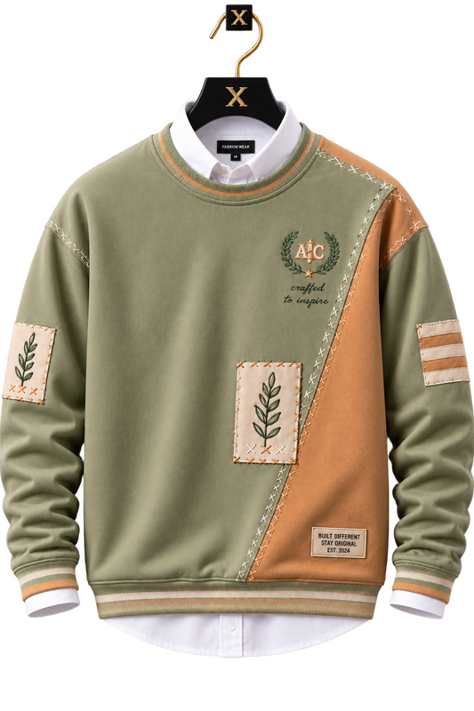 👕 Premium Olive Green & Brown Patchwork Sweatshirt