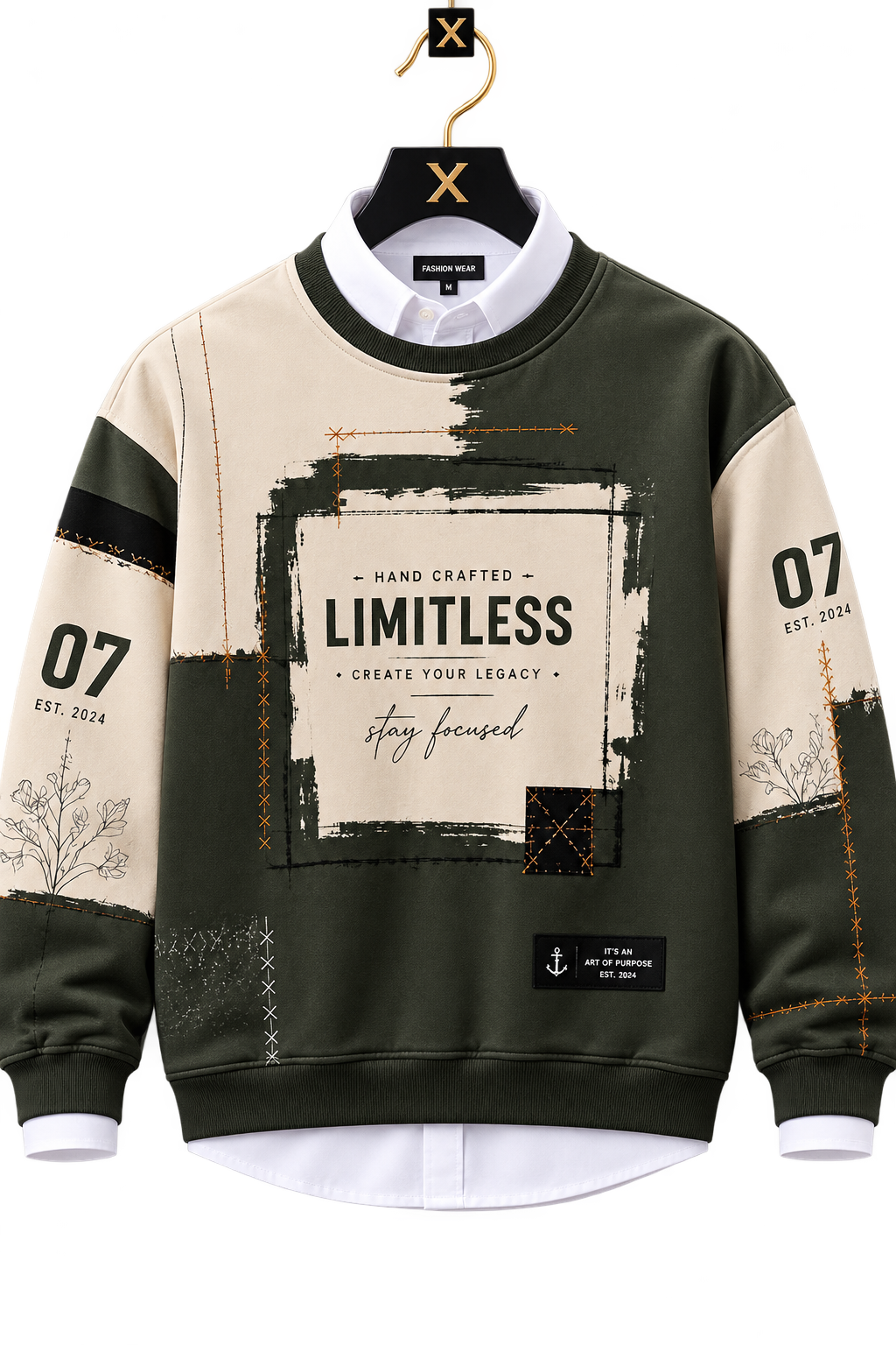 🫒 Olive Green & Black Utility Patchwork Premium Sweatshirt