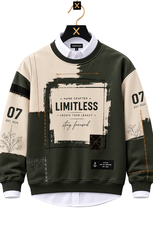 🫒 Olive Green & Black Utility Patchwork Premium Sweatshirt