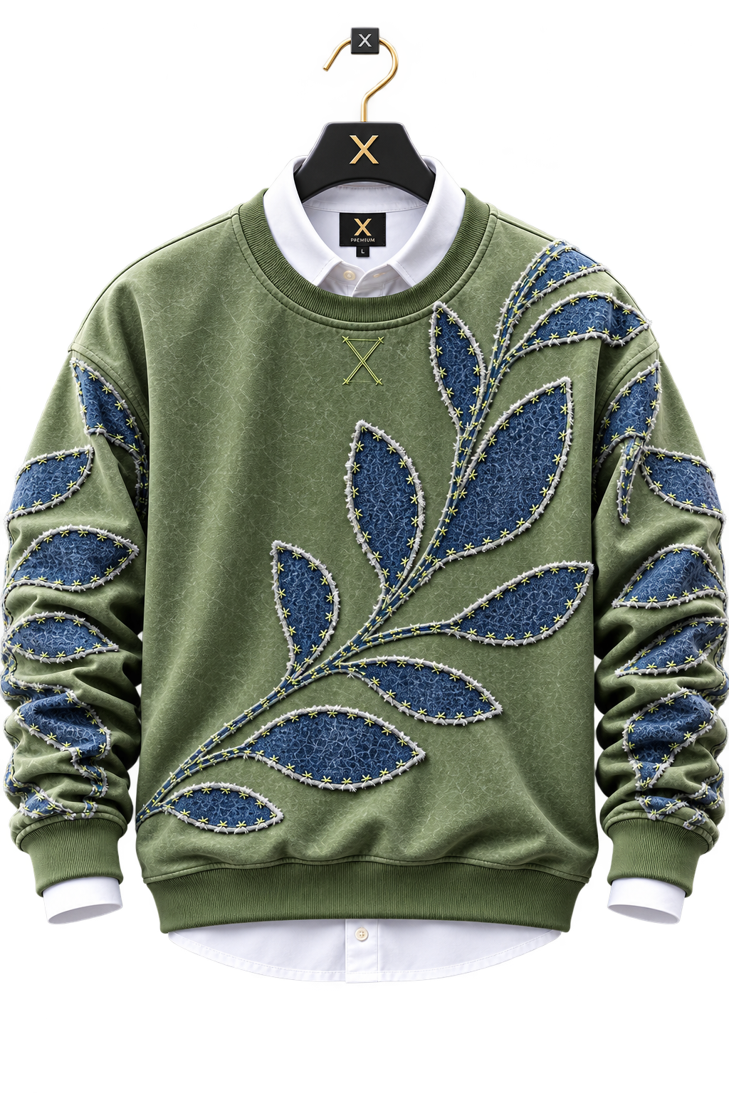 👕 Premium Olive Green Leaf Patchwork Sweatshirt