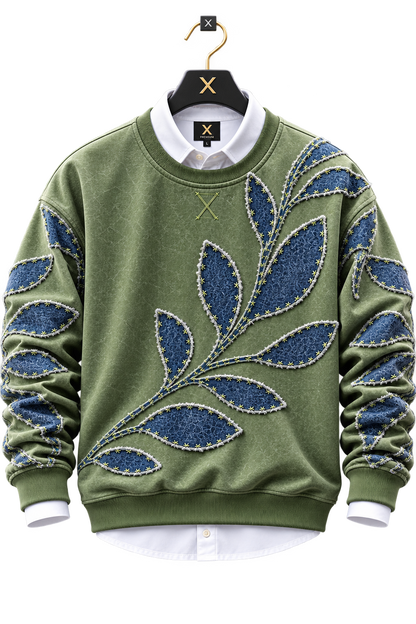 👕 Premium Olive Green Leaf Patchwork Sweatshirt