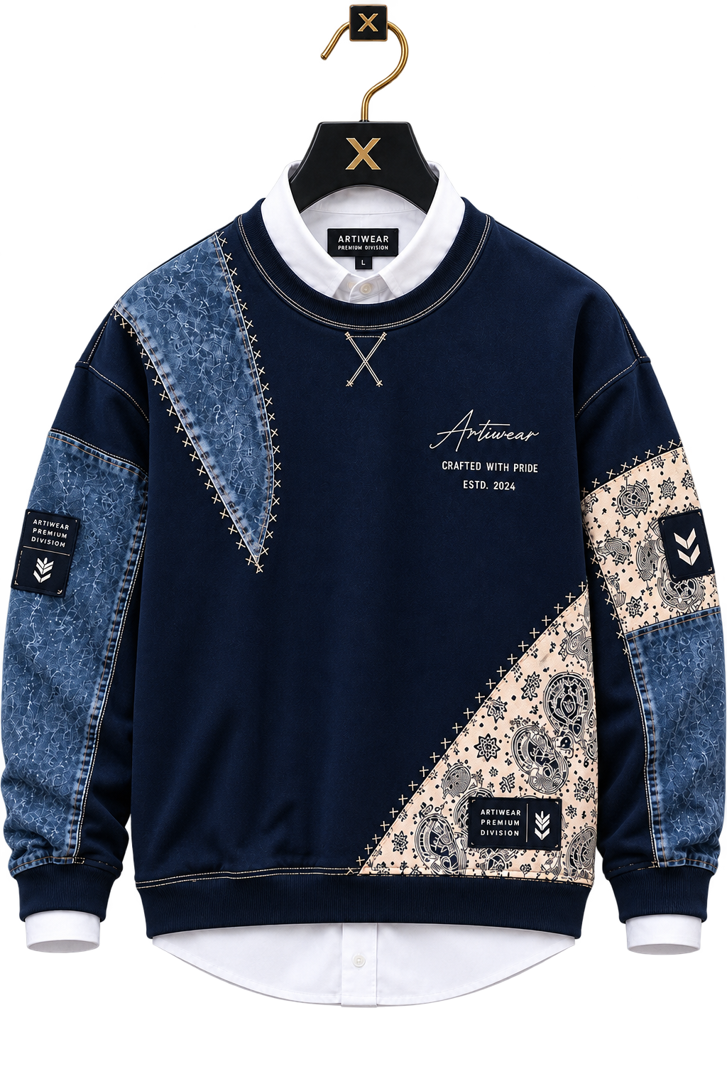 Premium Navy Blue & Denim Patchwork Crewneck Sweatshirt