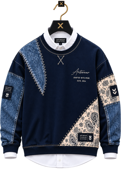 Premium Navy Blue & Denim Patchwork Crewneck Sweatshirt