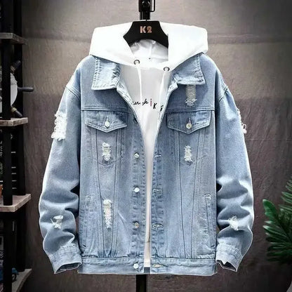 Premium Light Blue Distressed Denim Hooded Jacket