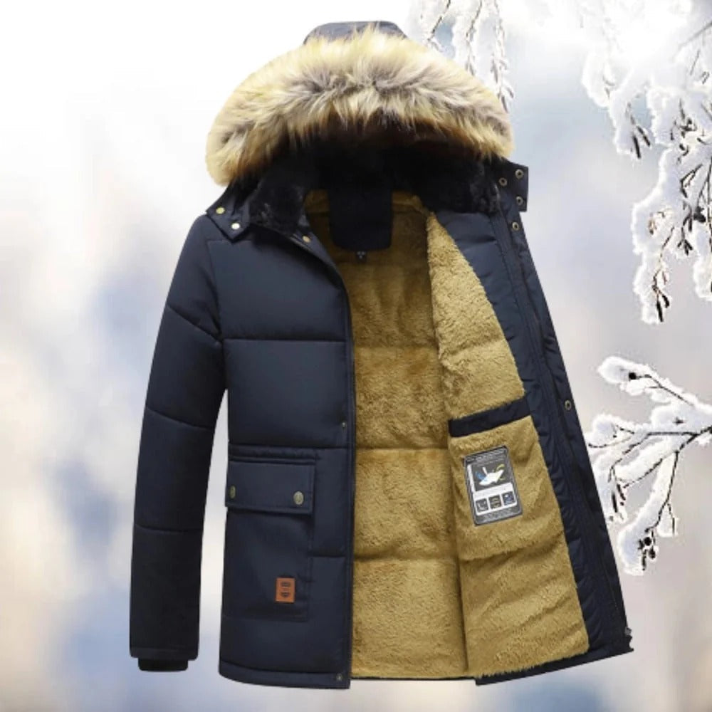 Premium Navy Blue Fur-Hooded Winter Jacket