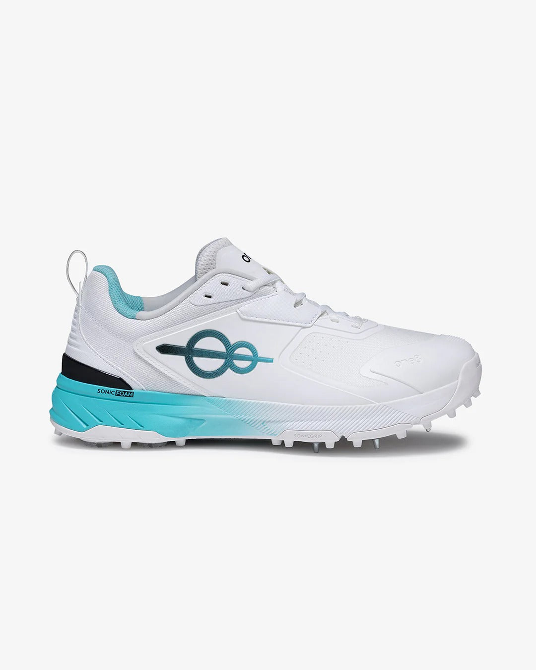 Shozy Premium White & Aqua Cricket Shoes for Men | Lightweight Professional Spike Cricket Shoes | Breathable Mesh Upper | Soft Cushioned Midsole | High-Grip Metal Spikes |