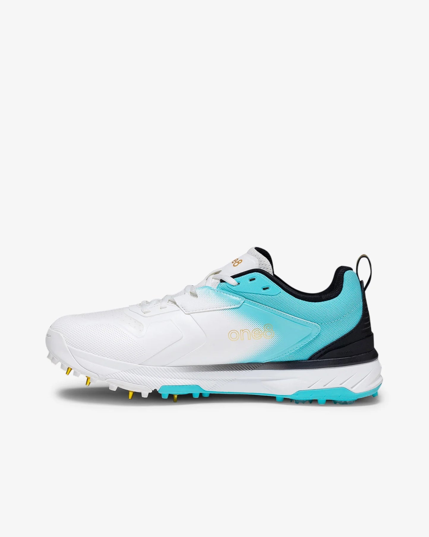 Shozy Premium White & Aqua Cricket Shoes for Men | Lightweight Professional Spike Sports Shoes | Breathable Mesh Upper | Soft Cushioned Midsole | High-Grip Metal Spikes