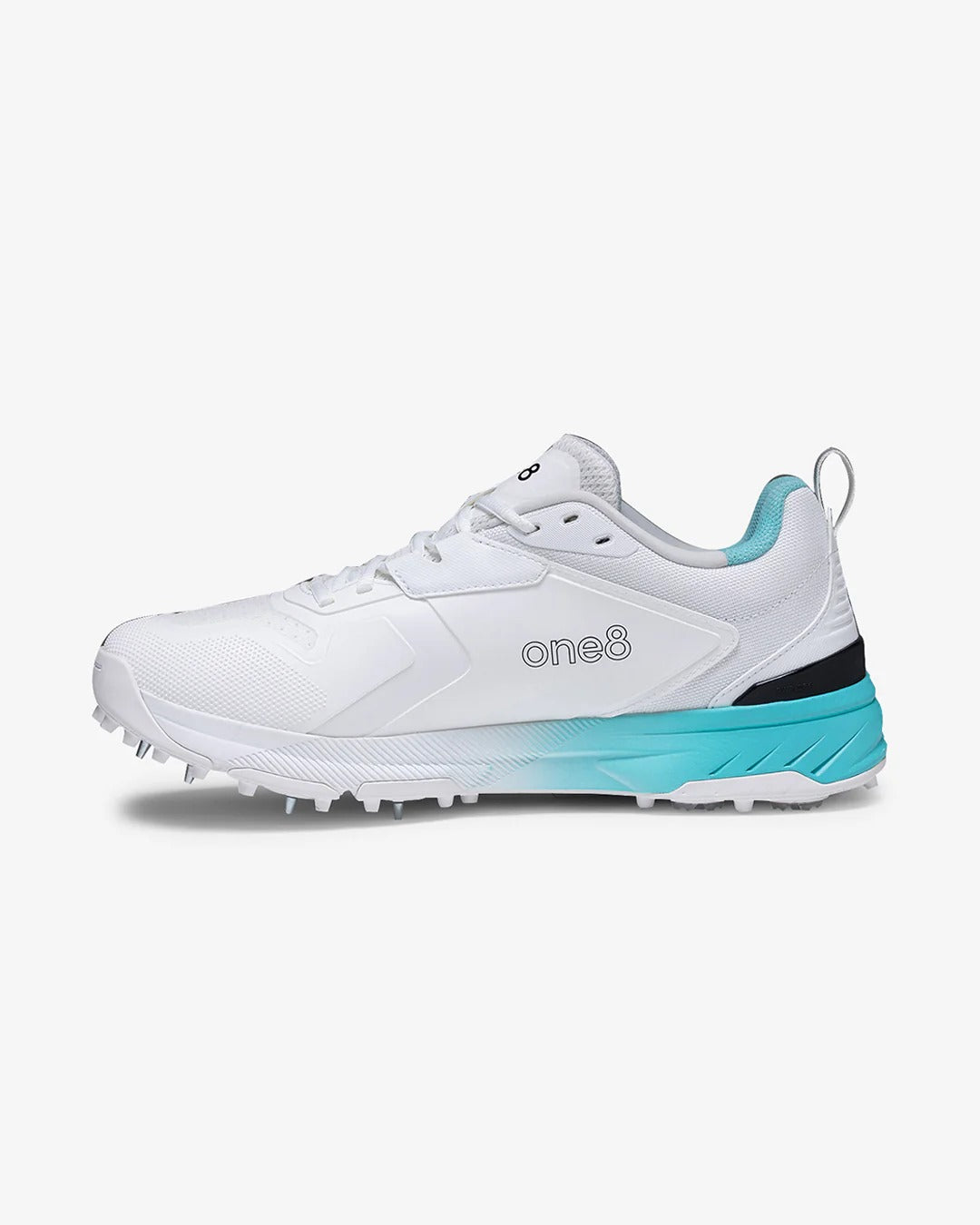 Shozy Premium White & Aqua Cricket Shoes for Men | Lightweight Professional Spike Cricket Shoes | Breathable Mesh Upper | Soft Cushioned Midsole | High-Grip Metal Spikes |