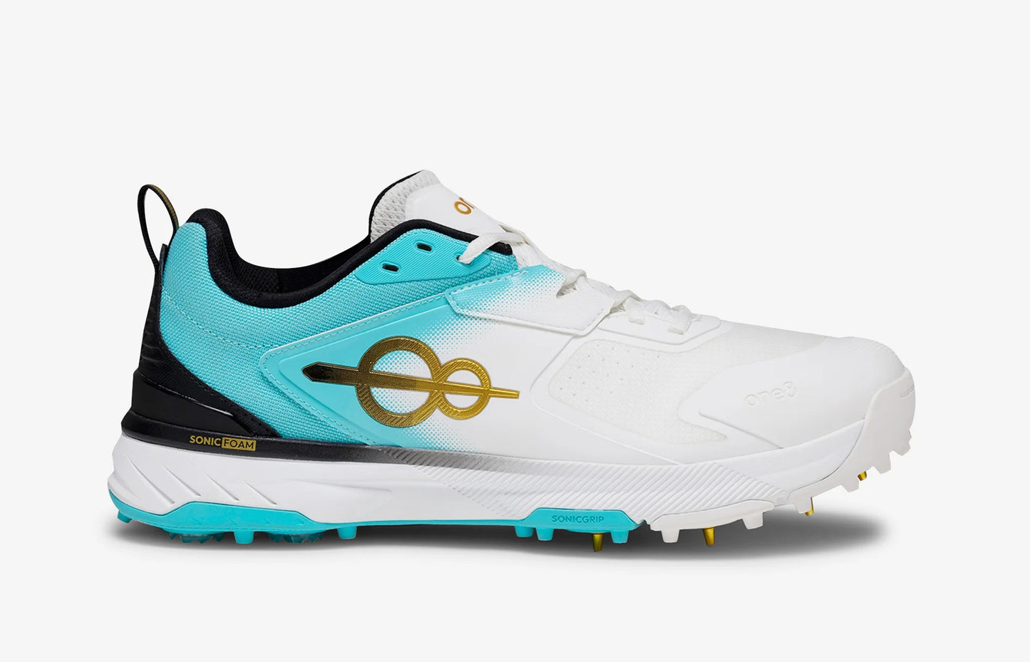 Shozy Premium White & Aqua Cricket Shoes for Men | Lightweight Professional Spike Sports Shoes | Breathable Mesh Upper | Soft Cushioned Midsole | High-Grip Metal Spikes