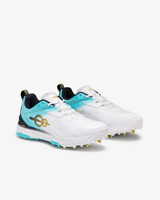 Shozy Premium White & Aqua Cricket Shoes for Men | Lightweight Professional Spike Sports Shoes | Breathable Mesh Upper | Soft Cushioned Midsole | High-Grip Metal Spikes