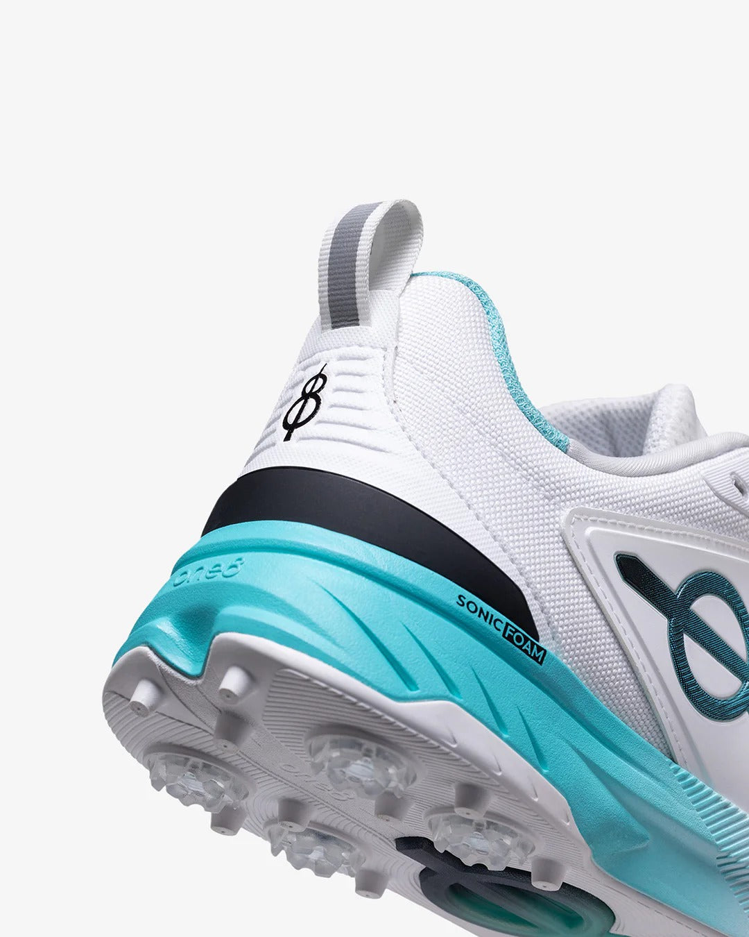 Shozy Premium White & Aqua Cricket Shoes for Men | Lightweight Professional Spike Cricket Shoes | Breathable Mesh Upper | Soft Cushioned Midsole | High-Grip Metal Spikes |