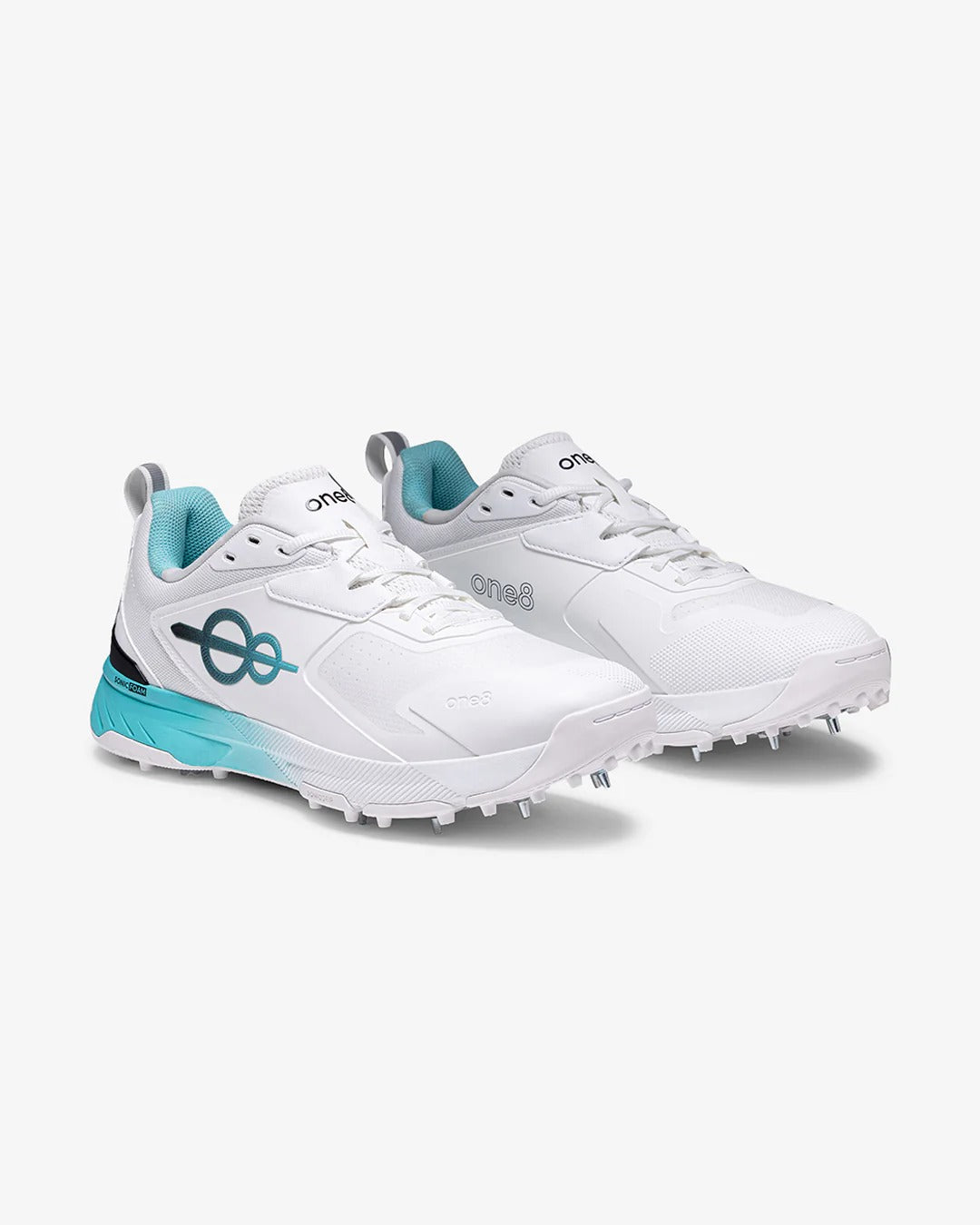 Shozy Premium White & Aqua Cricket Shoes for Men | Lightweight Professional Spike Cricket Shoes | Breathable Mesh Upper | Soft Cushioned Midsole | High-Grip Metal Spikes |