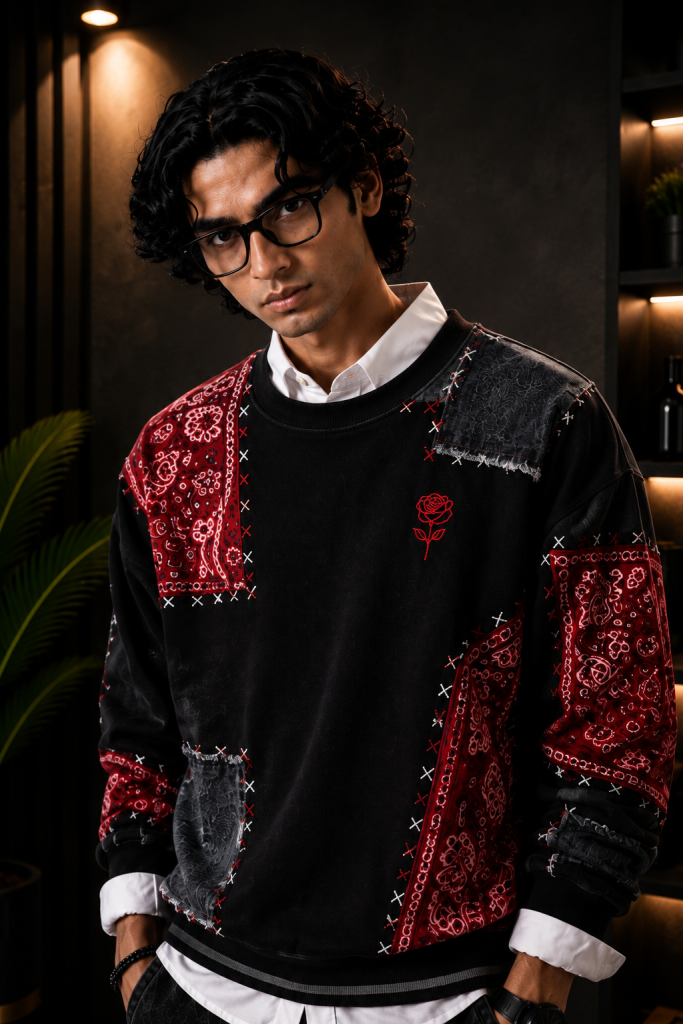 🧥 Premium Black & Red Patchwork Crewneck Sweatshirt