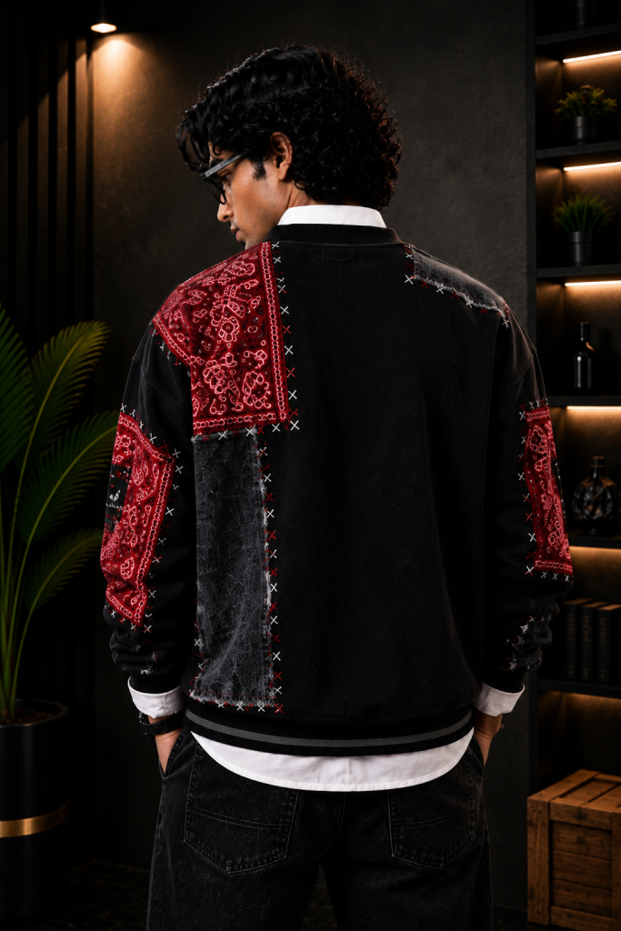 🧥 Premium Black & Red Patchwork Crewneck Sweatshirt