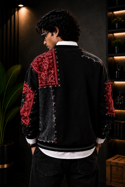 🧥 Premium Black & Red Patchwork Crewneck Sweatshirt