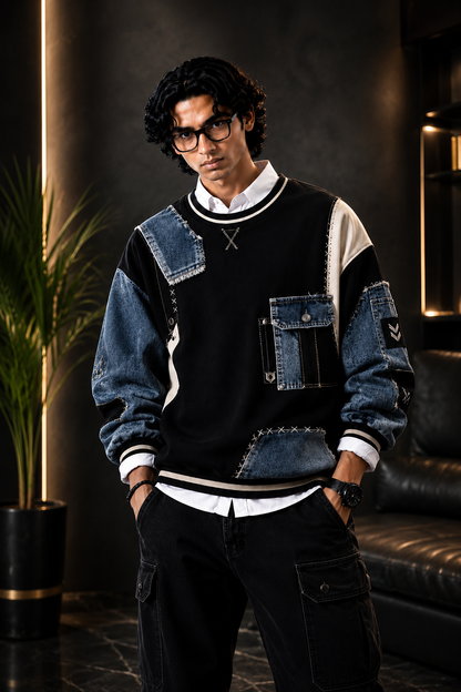 🖤 Black & Denim Blue Patchwork Premium Sweatshirt
