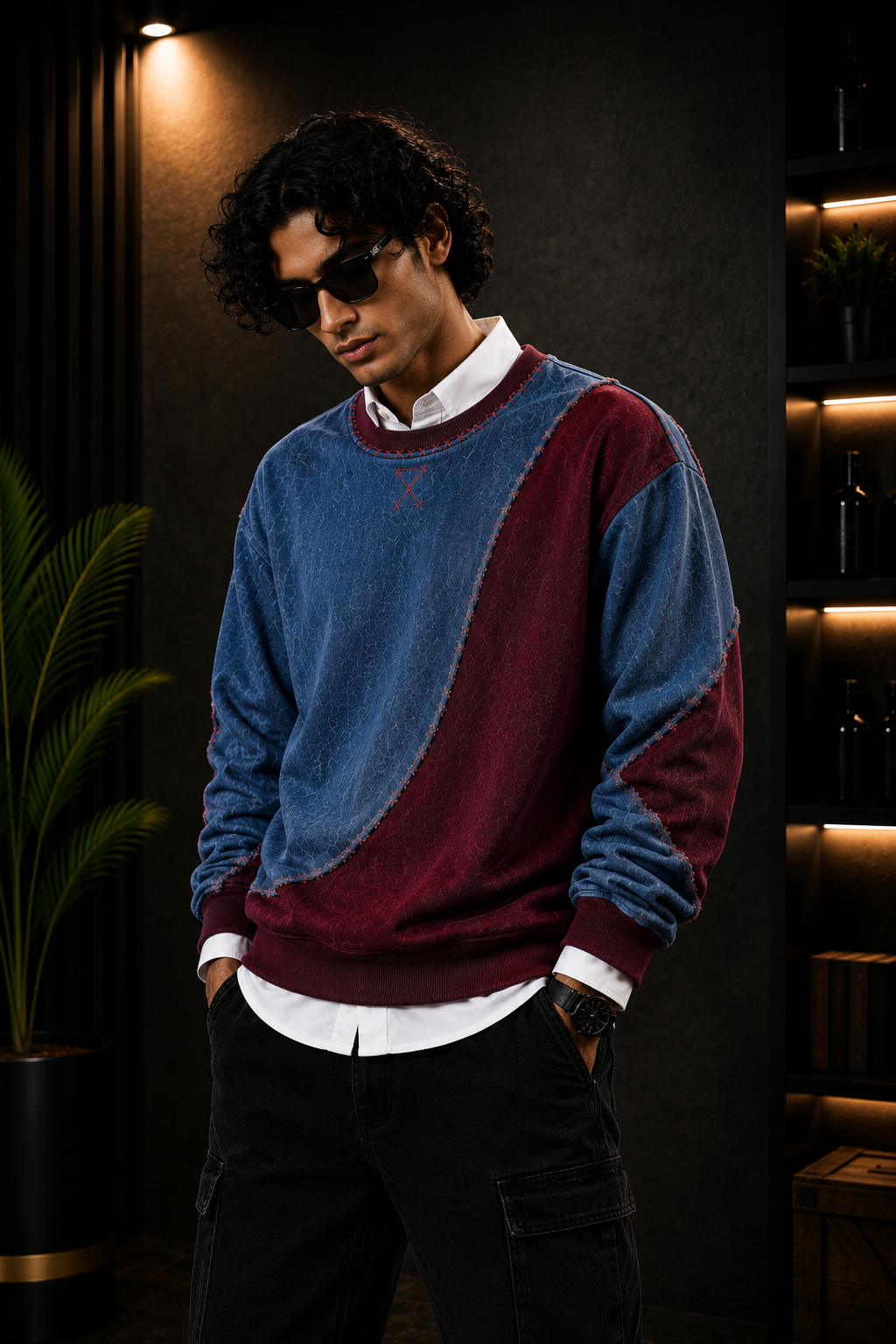 Blue & Burgundy Patchwork Crewneck Sweatshirt
