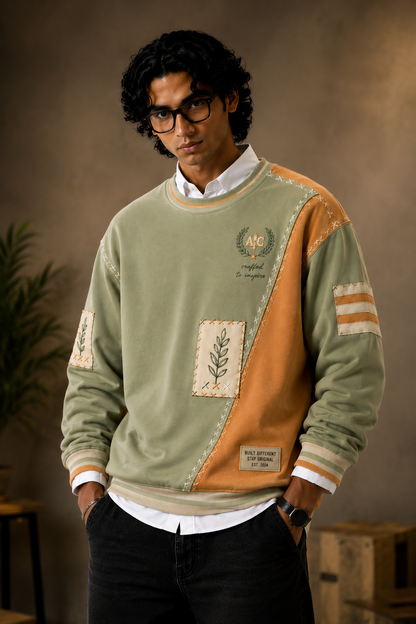 👕 Premium Olive Green & Brown Patchwork Sweatshirt