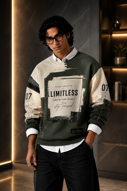 🫒 Olive Green & Black Utility Patchwork Premium Sweatshirt