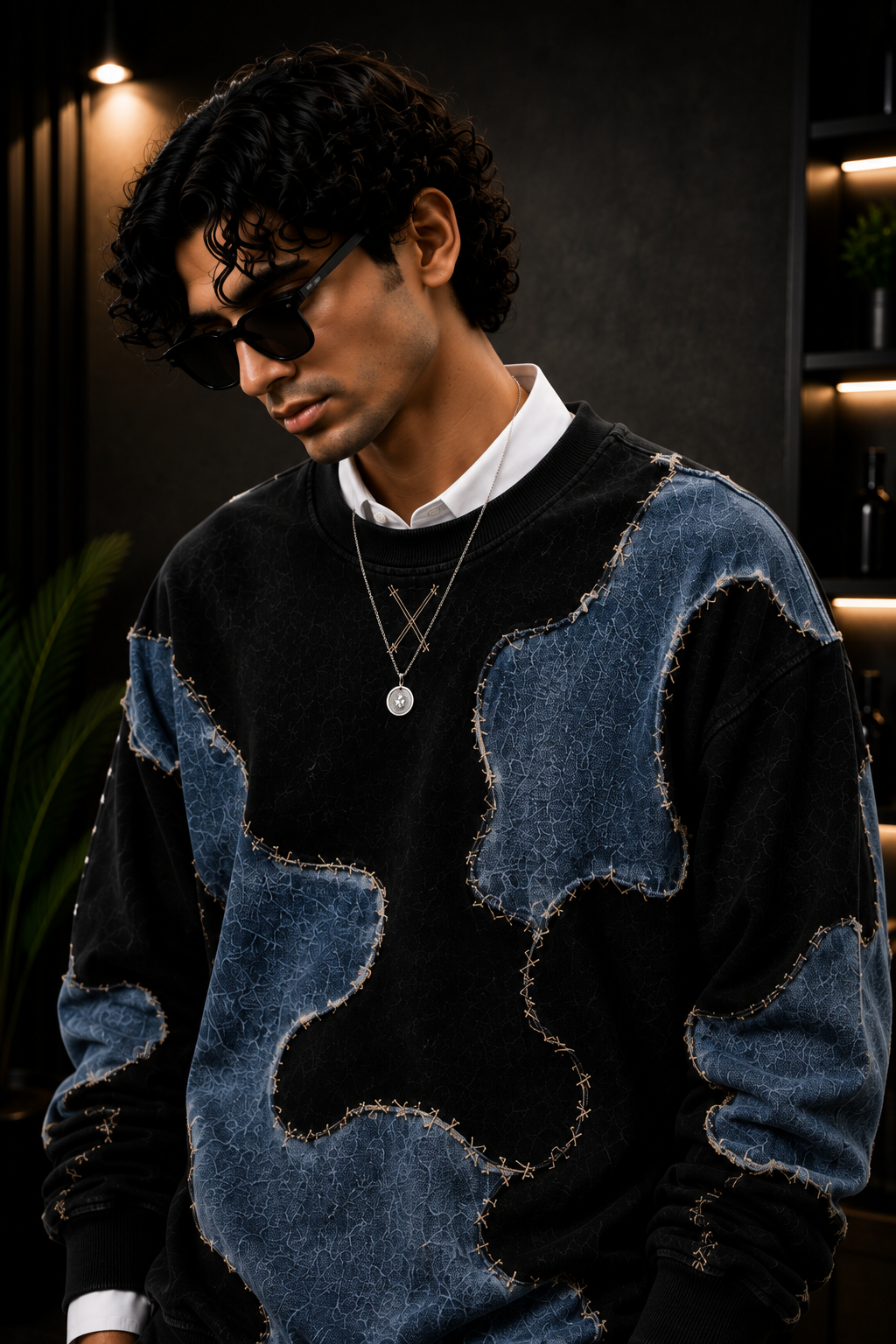Premium Black & Denim Blue Patchwork Crewneck Sweatshirt