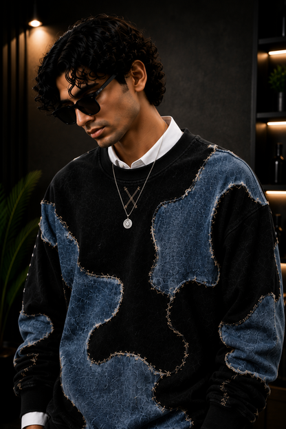 Premium Black & Denim Blue Patchwork Crewneck Sweatshirt