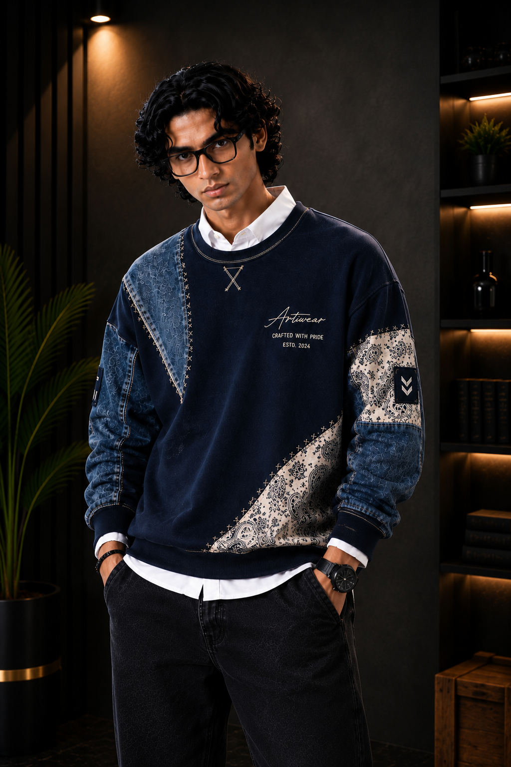 Premium Navy Blue & Denim Patchwork Crewneck Sweatshirt