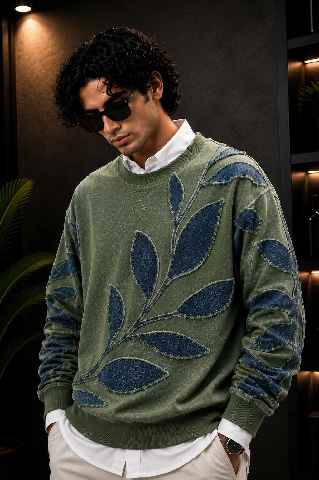 👕 Premium Olive Green Leaf Patchwork Sweatshirt