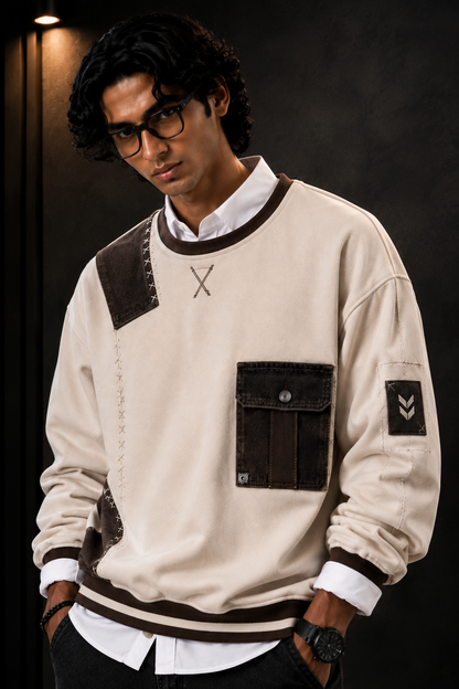 👕 Premium Cream & Brown Patchwork Crewneck Sweatshirt